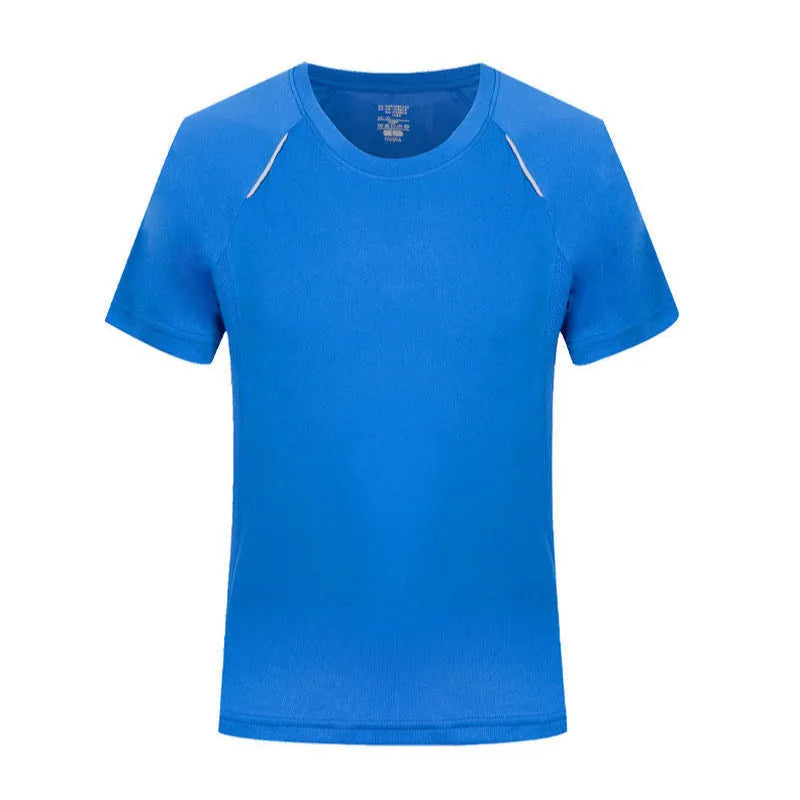 Slim fit quick-dry T-shirt in solid colours on a hanger, showing round neck and short sleeve design.