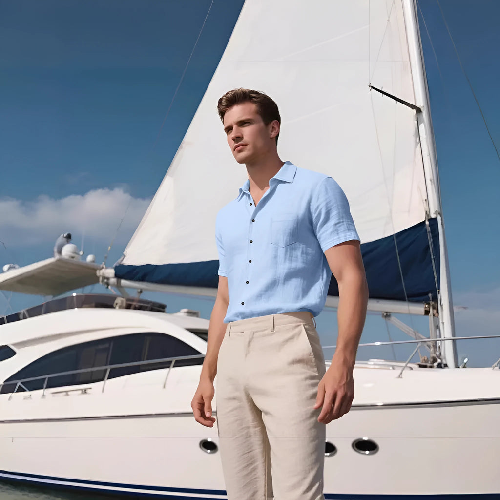 Men's loose fit linen short-sleeved shirt in cardigan style, shown in multiple solid colours.