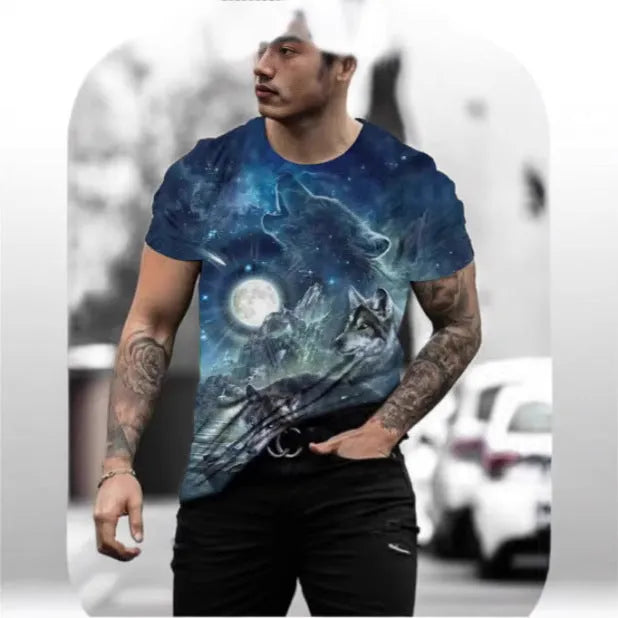 Retro 3D animal print on a men's short-sleeved light blue T-shirt made from polyester bird eye cloth.