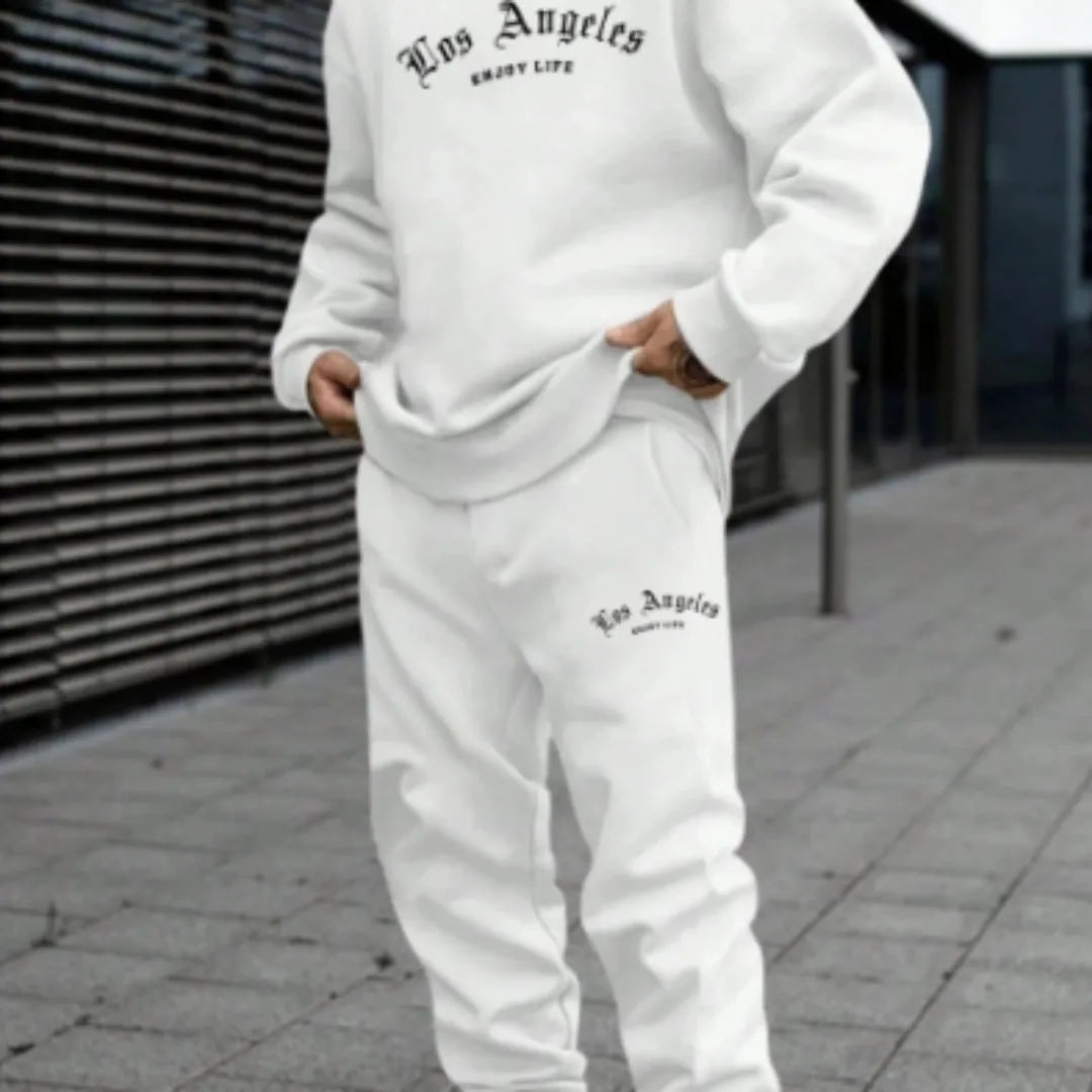 Men's grey hooded sweater and matching trousers set with white letter printing on chest