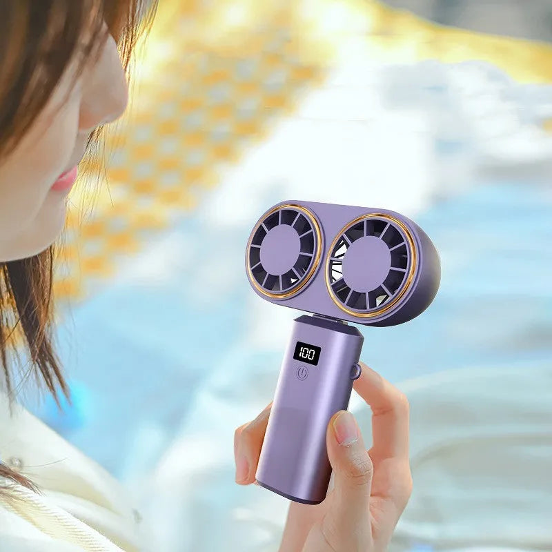 Folding USB handheld mini fan with digital display screen in milky white
