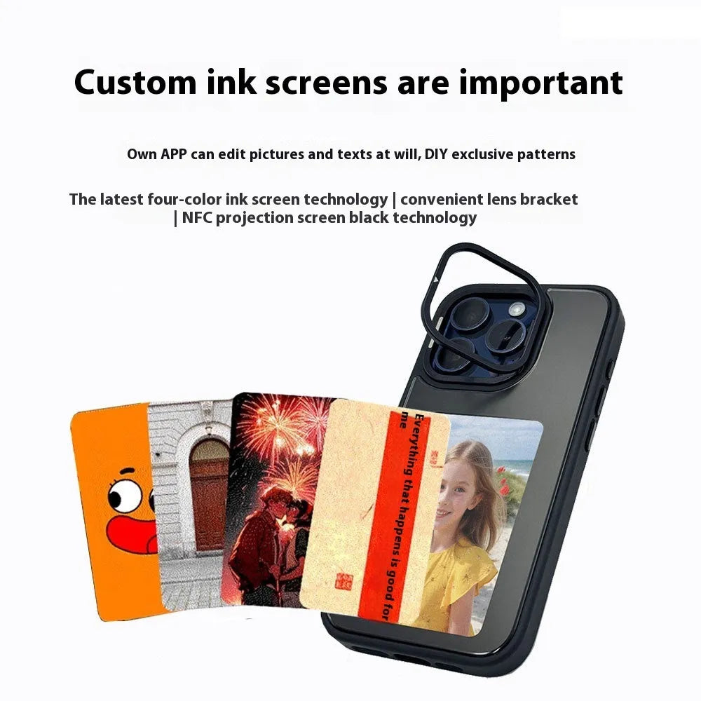 Graphite black TPU phone case for iPhone with NFC projection screen and four-colour E-ink display bracket.