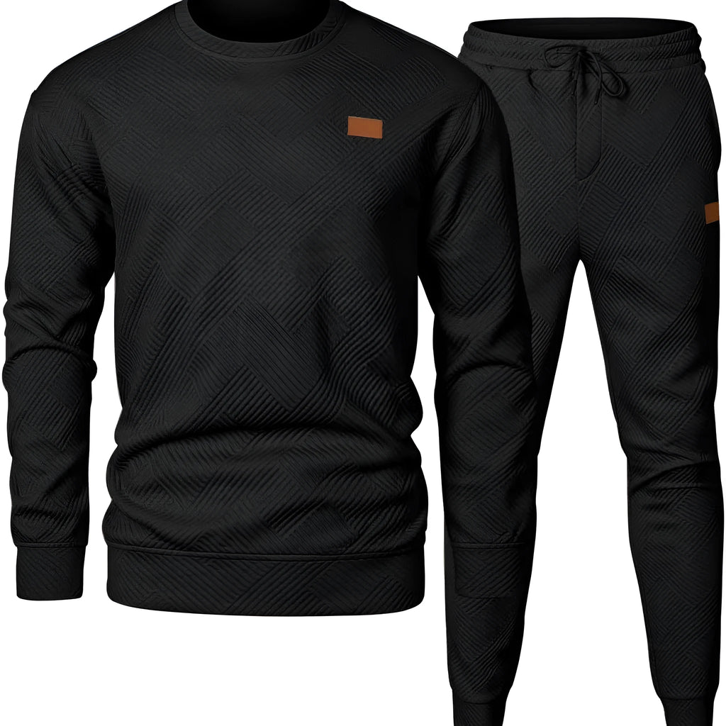 Men's round neck jacquard sweater set with long sleeve top and matching trousers in black