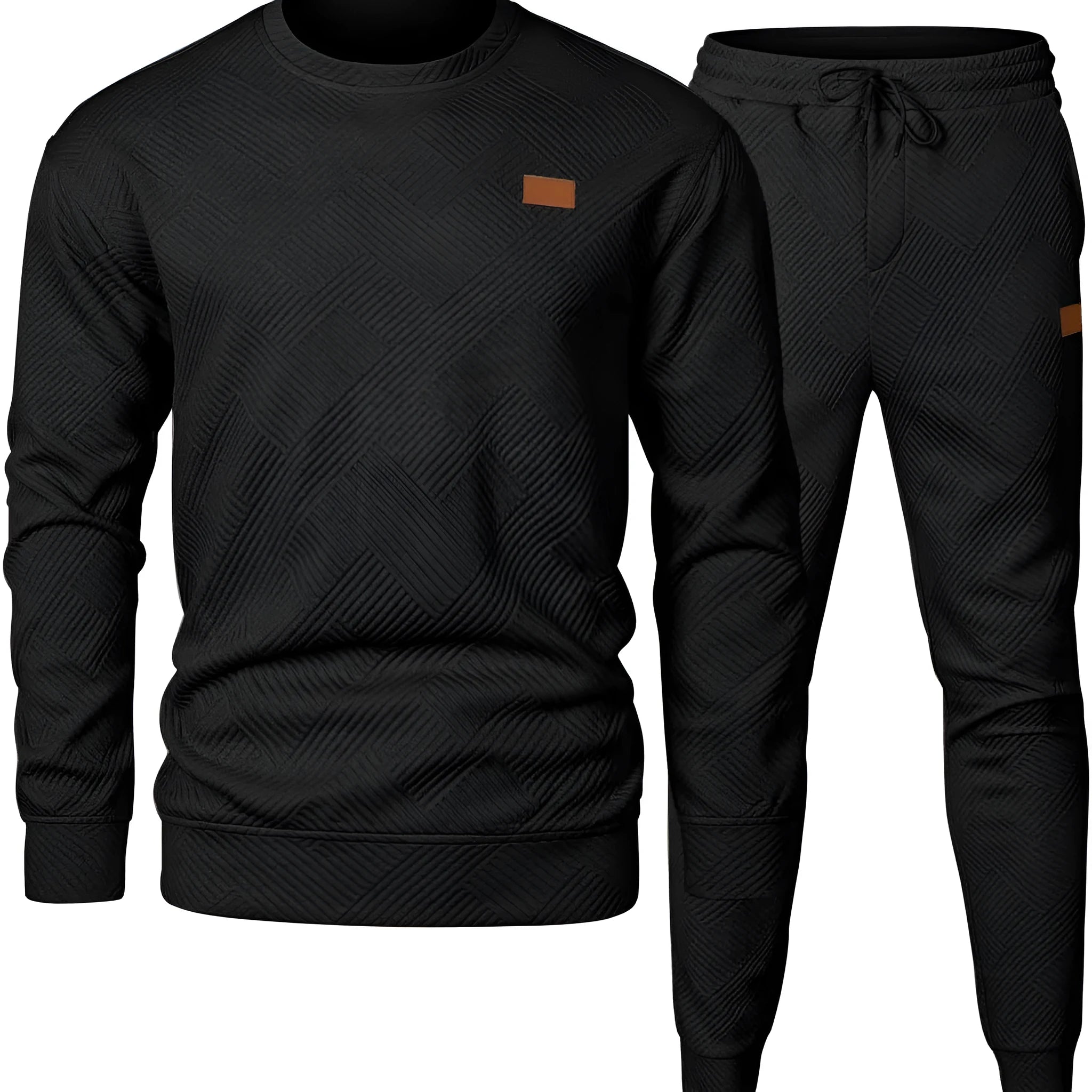 Men's round neck jacquard sweater set with long sleeve top and matching trousers in black