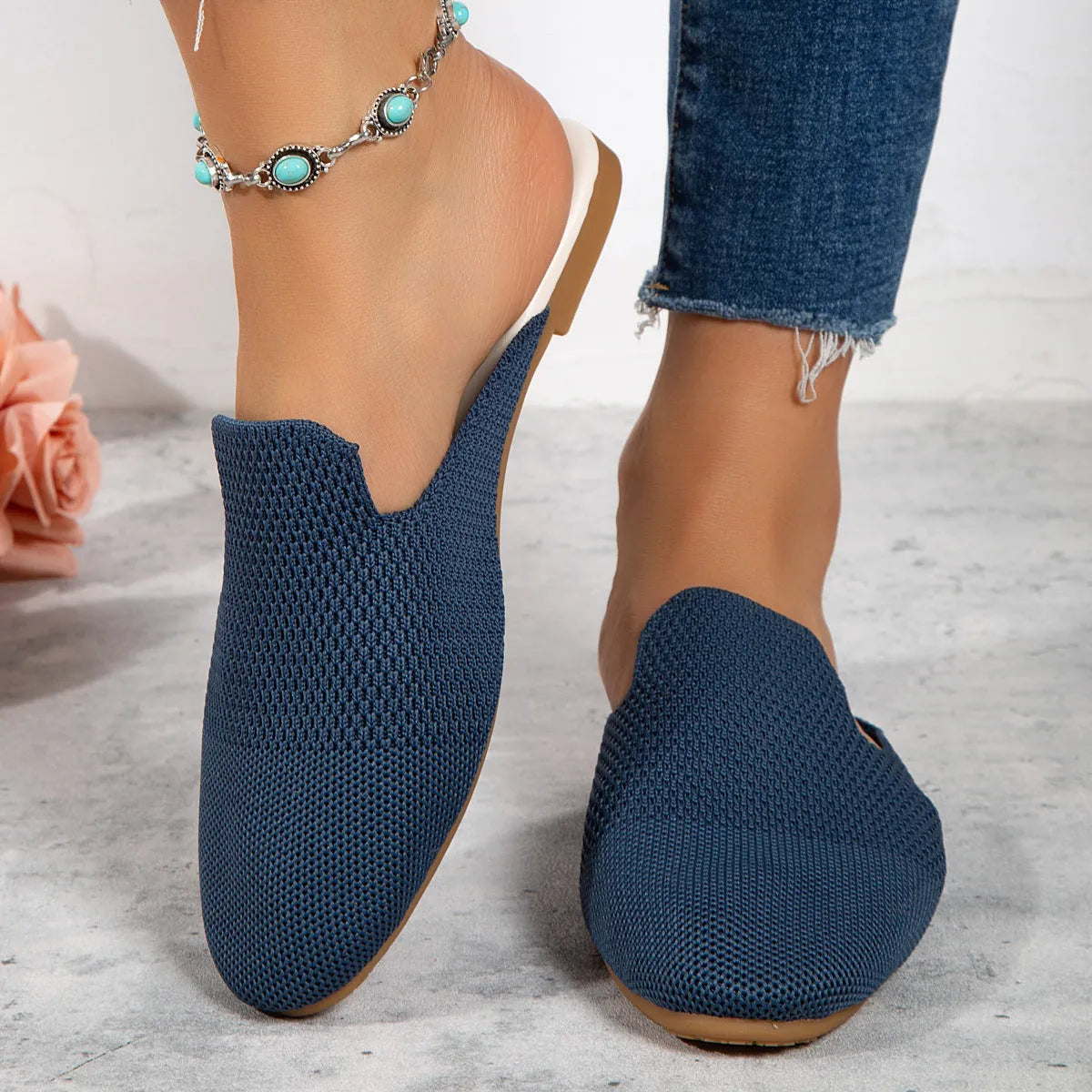 Apricot coloured women's slip-on mesh sandals with cloth upper and flat rubber sole