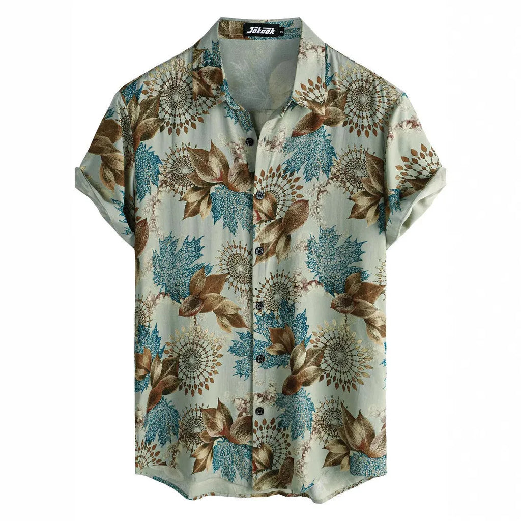 Floral print Hawaiian lapel short sleeve shirt on a hanger