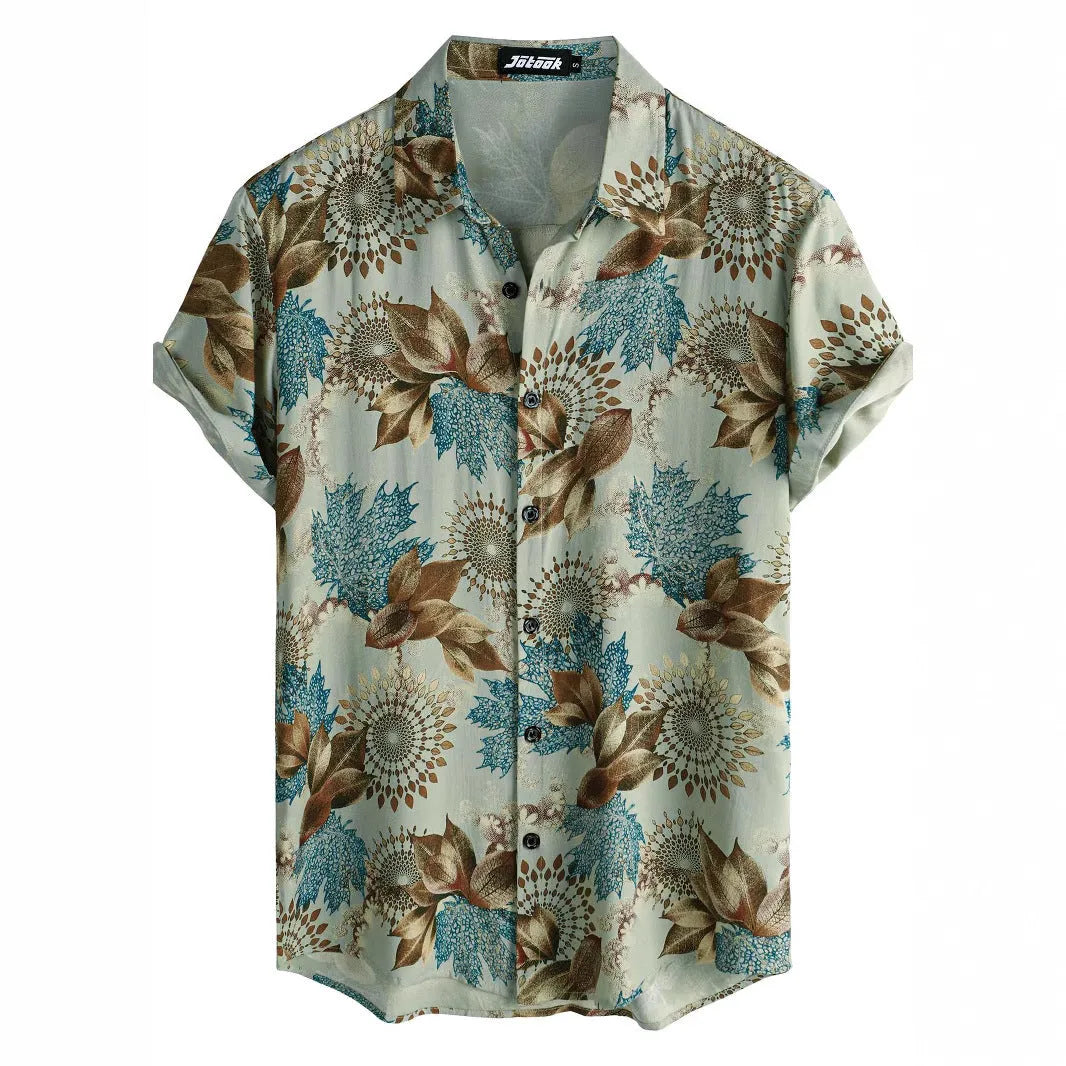 Floral print Hawaiian lapel short sleeve shirt on a hanger
