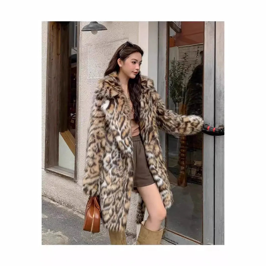 Long faux fur coat with fur collar and pockets in street fashion style