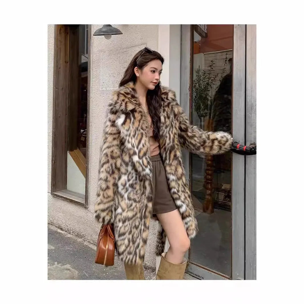 Long faux fur coat with fur collar and pockets in street fashion style