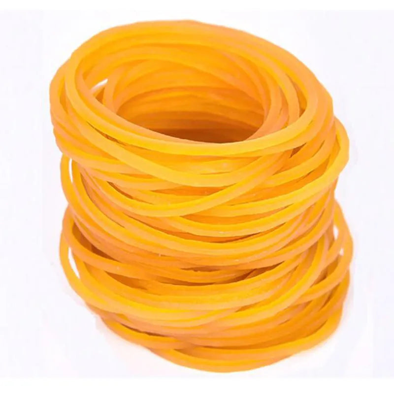 500g pack of yellow rubber bands showing various diameters from 16mm to 70mm