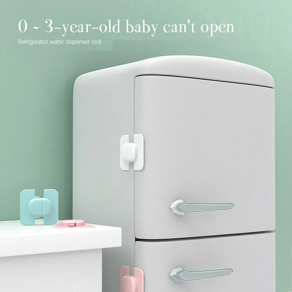 Adjustable grey child safety lock strap installed on a cabinet door