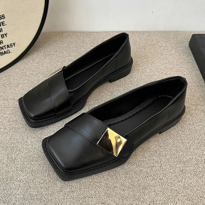 Women's square toe flat shoes with metal buckle in beige, black and brown colours with low 1-3cm heel