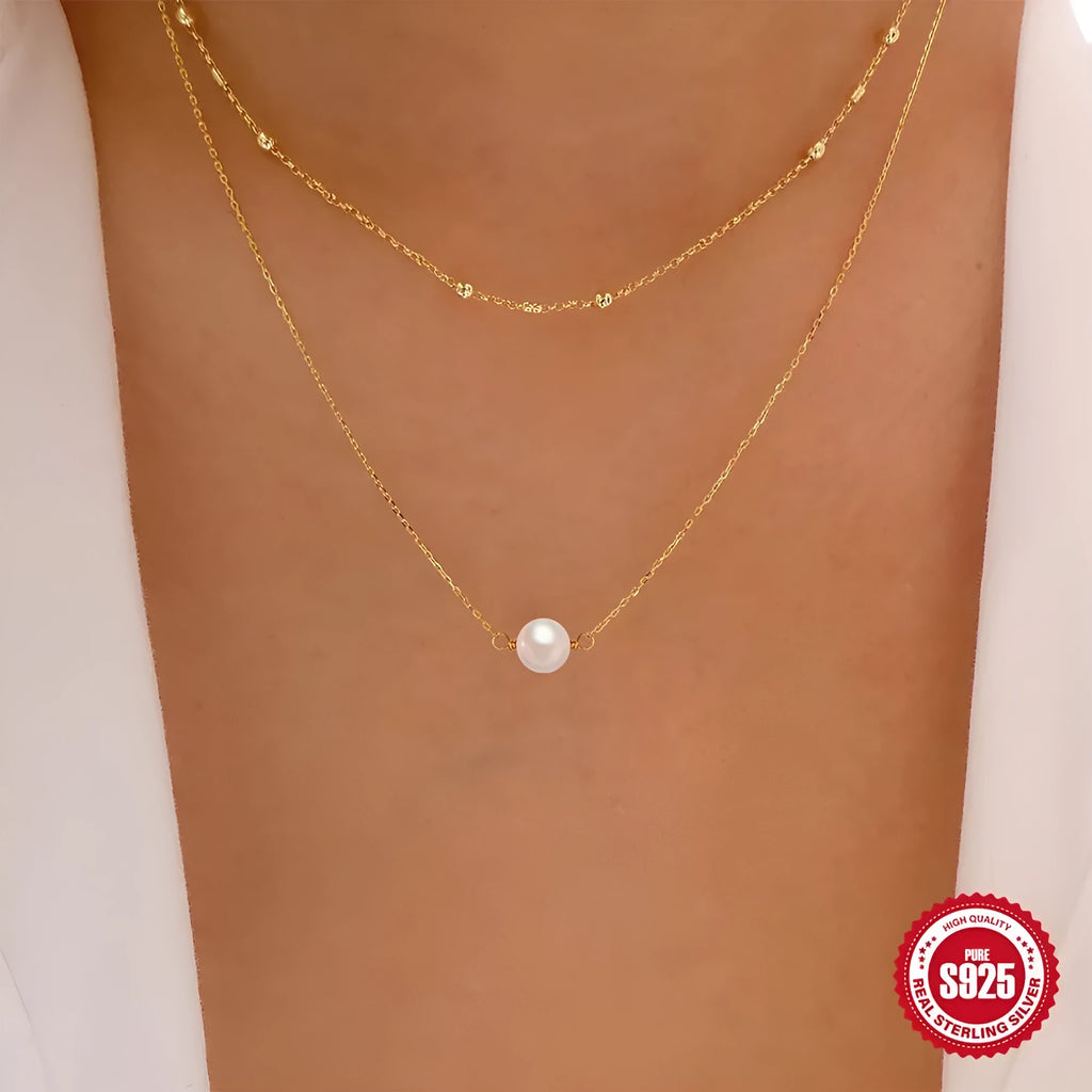 Sterling silver double layer necklace with twin pearls on ball bead chain in gold or white gold plating