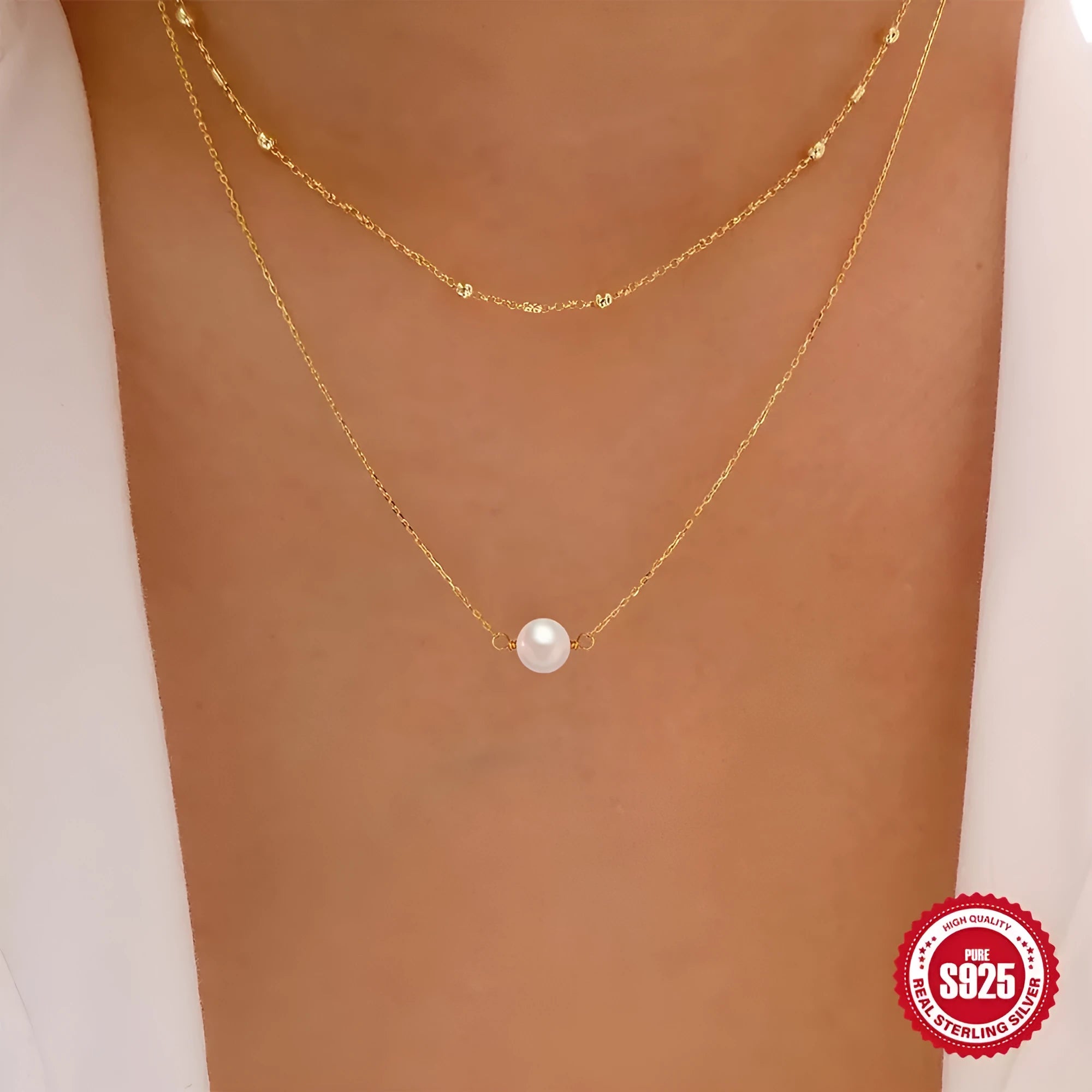 Sterling silver double layer necklace with twin pearls on ball bead chain in gold or white gold plating