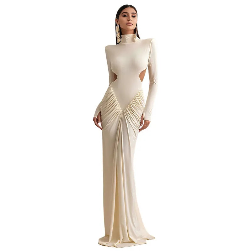 Women's long sleeve slim fit dress with high collar and pleated backless detail in solid colour