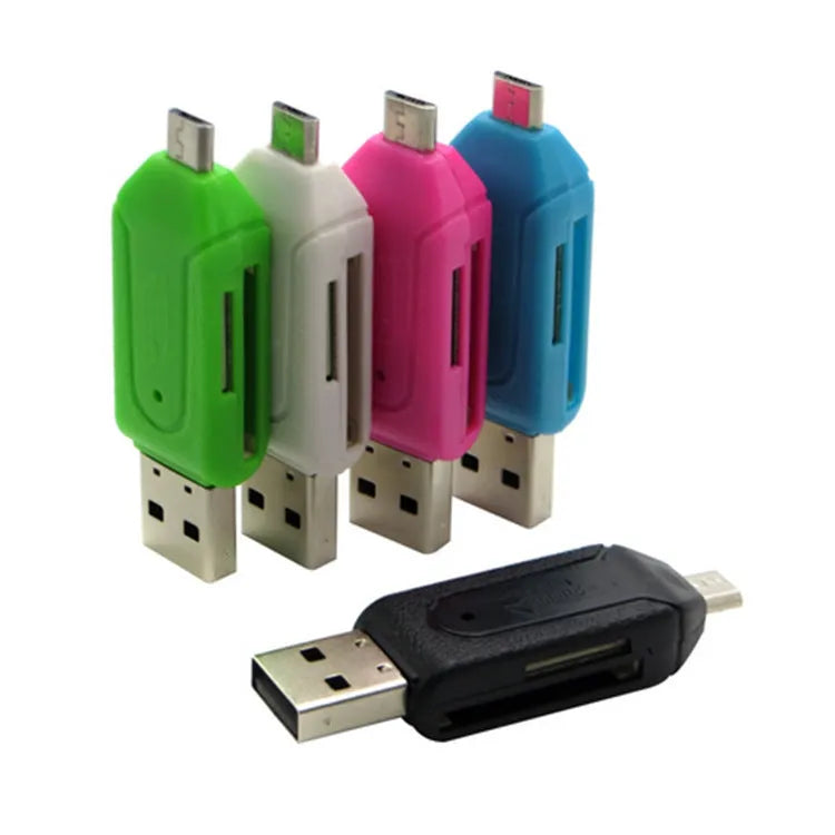 White OTG memory card reader with USB and micro USB connectors for phones and computers.