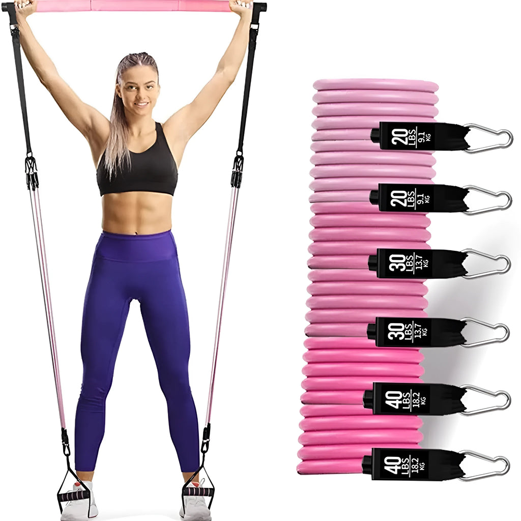 Black and pink TPE resistance band pull rope set with 180 pounds capacity for gymnastic bar fitness training.
