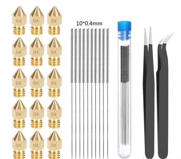 Brass MK8 3D printer nozzle and stainless steel cleaning pin on a white background.