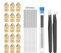 Brass MK8 3D printer nozzle and stainless steel cleaning pin on a white background.