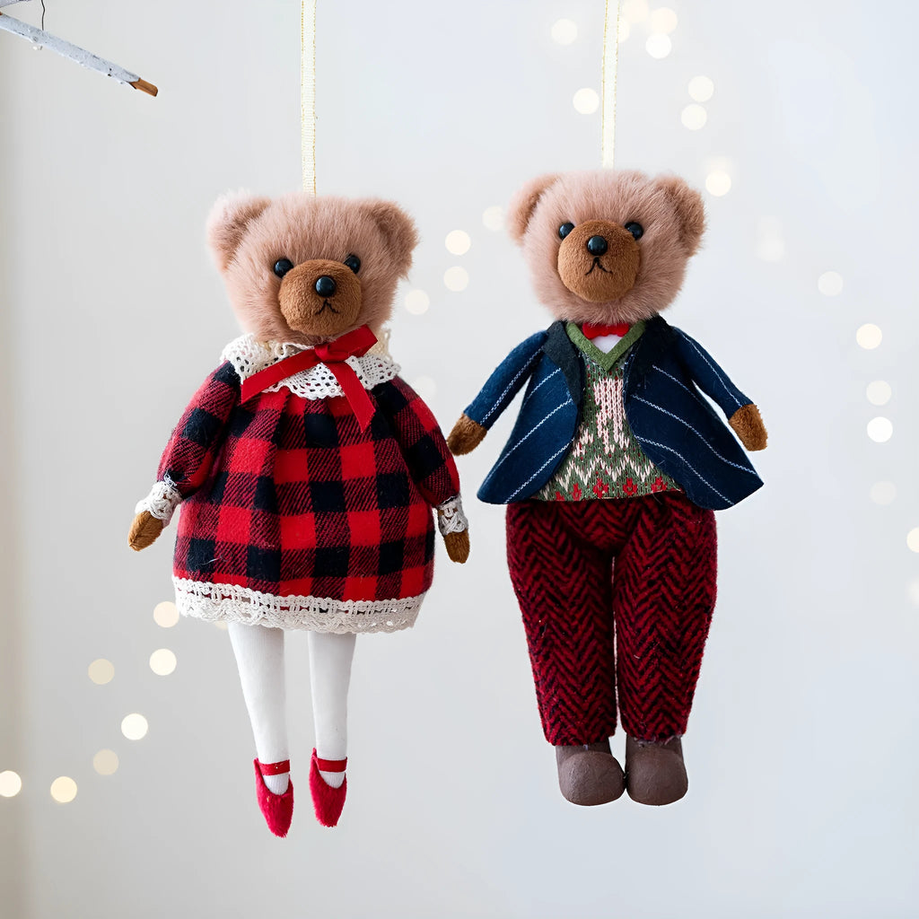 Couple plush bear dolls in plaid suits - gentleman bear and princess bear