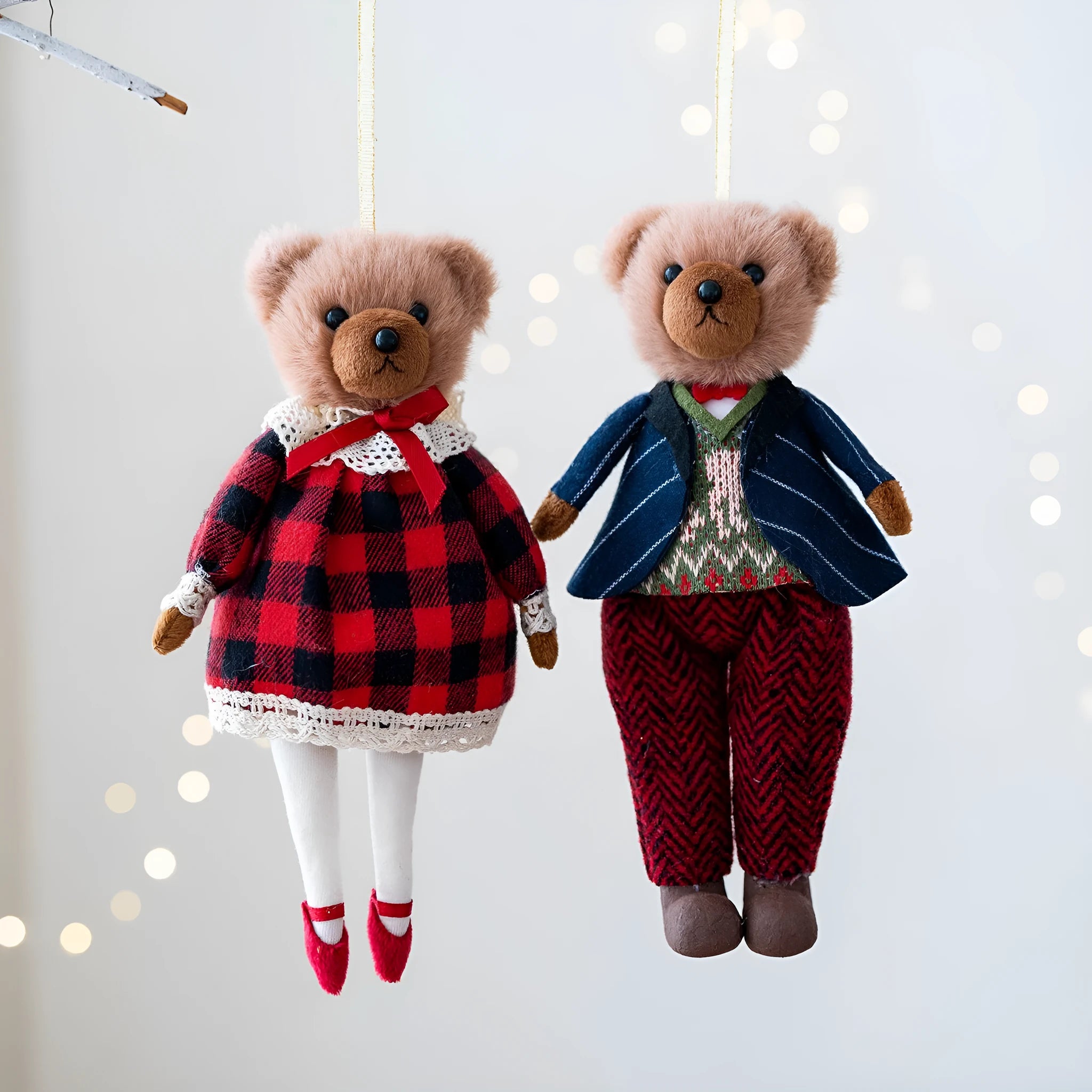 Couple plush bear dolls in plaid suits - gentleman bear and princess bear