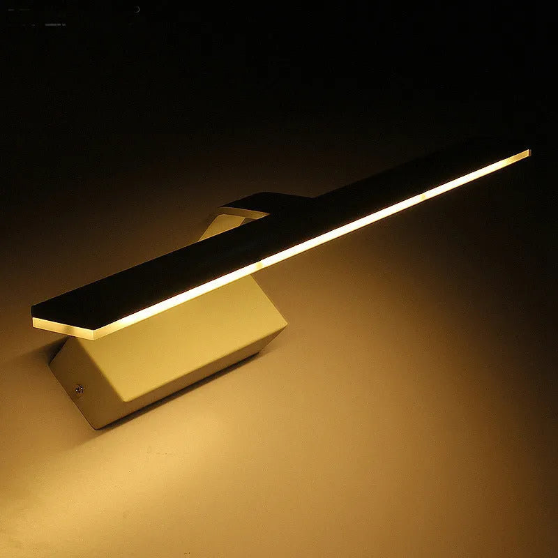 White wall-mounted LED mirror headlight with three-colour dimmable lighting above a bathroom mirror.