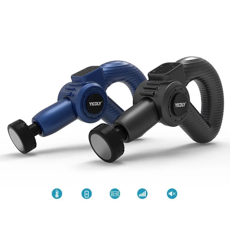 Black smart muscle massage gun with five interchangeable massage heads on a table.