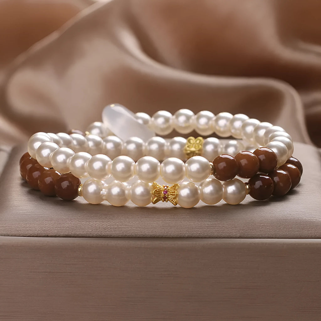 Natural white freshwater pearl double-circle flexible ring bracelet with crystal beads, 34cm length