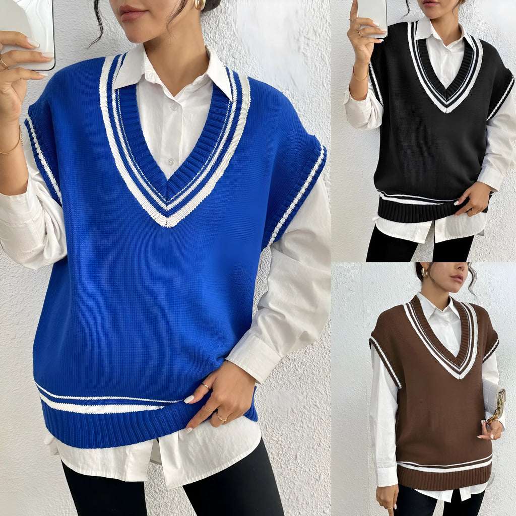 Women's loose fit wool blend vest sweater in college style with pullover design