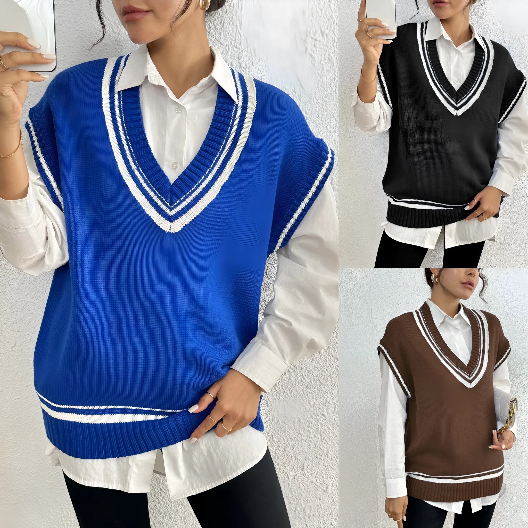 Women's loose fit wool blend vest sweater in college style with pullover design