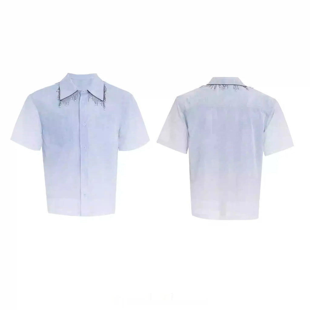 Blue gradient loose fit half sleeve polyester summer shirt laid flat.
