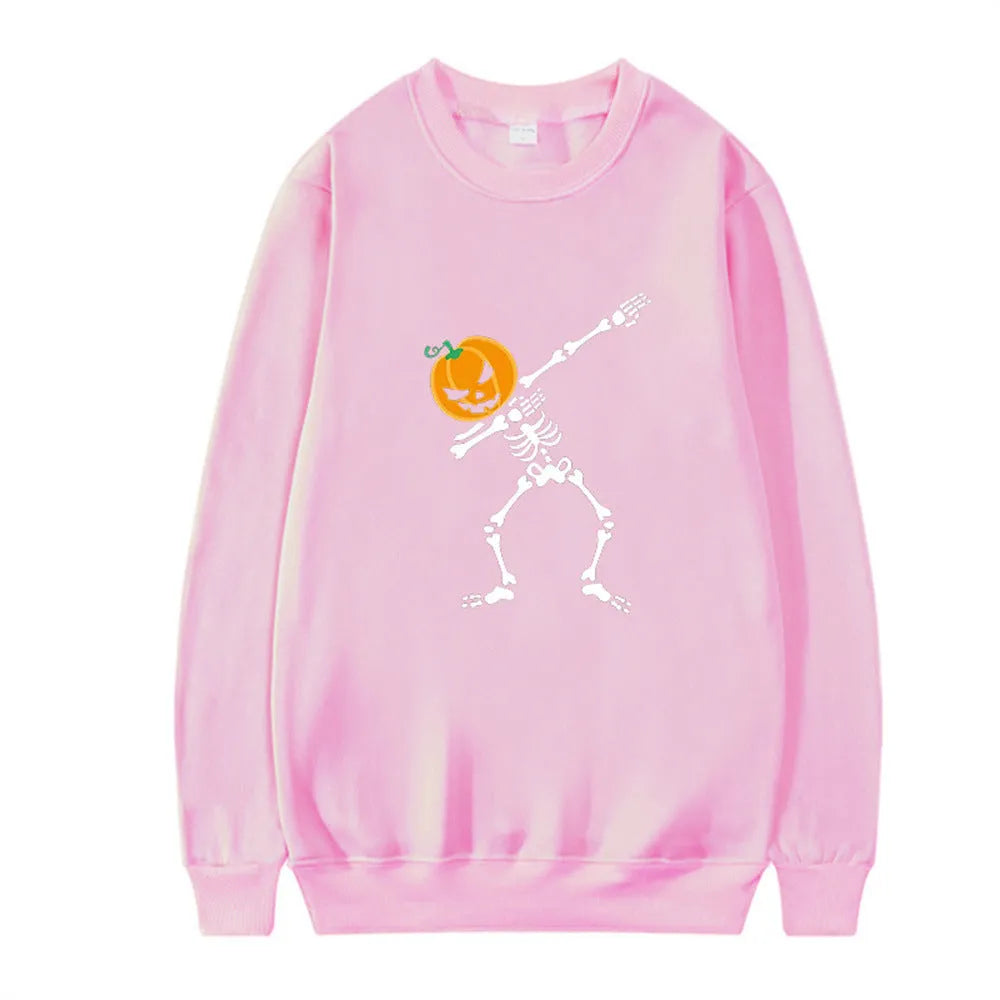 Women's printed long sleeve crew neck top in cotton blend fabric on a hanger.