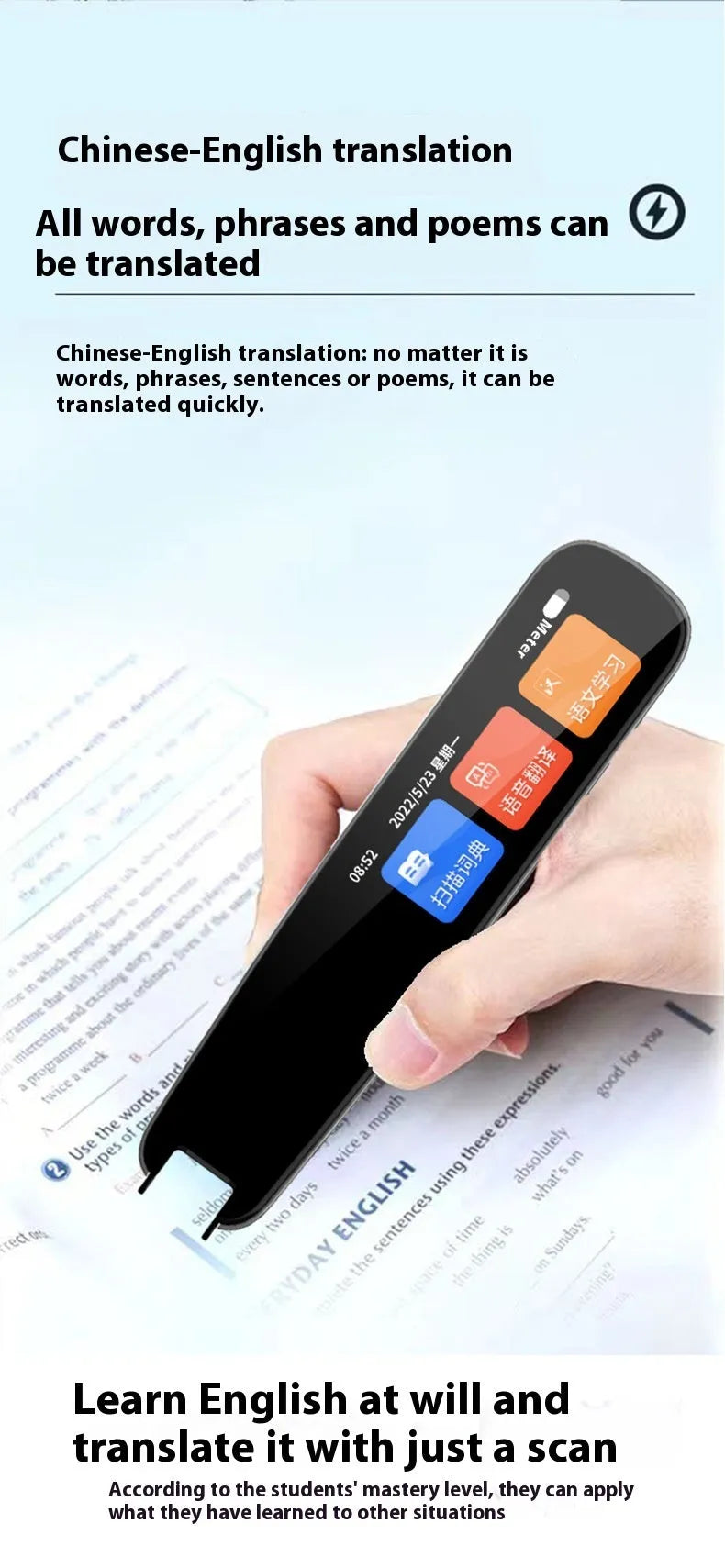 Universal offline scanning translation pen in dark grey or white with ABS construction and compact dimensions