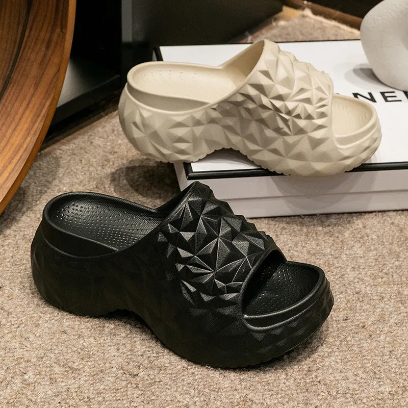 Women's high heel flip flop slippers with thick EVA sole in khaki, black and white colours