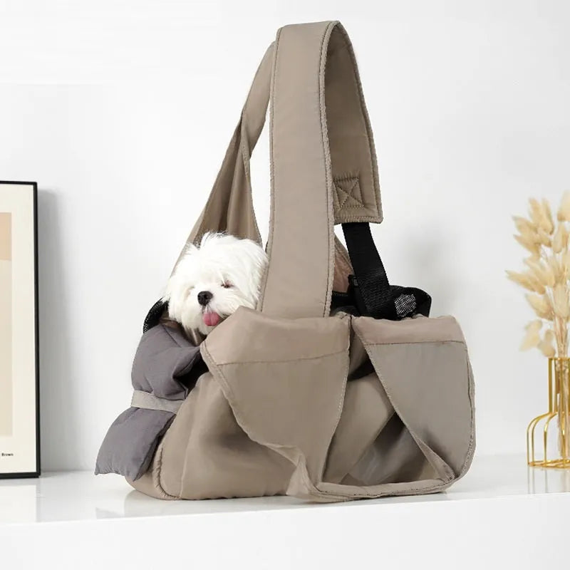 Apricot cloth pet handbag with medium 41cm by 16cm by 28cm dimensions for dogs and cats