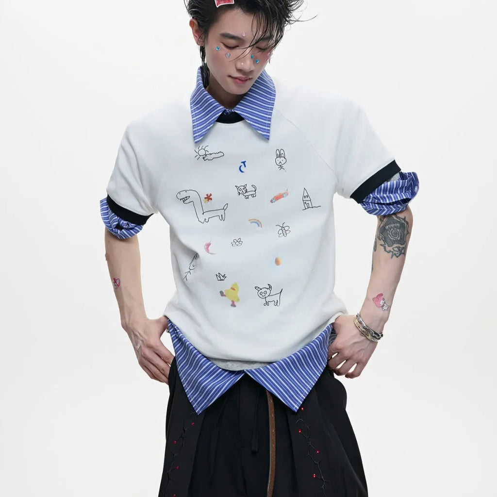 Men's cartoon printed short sleeved shirt in blue colour showing loose fit and print design details