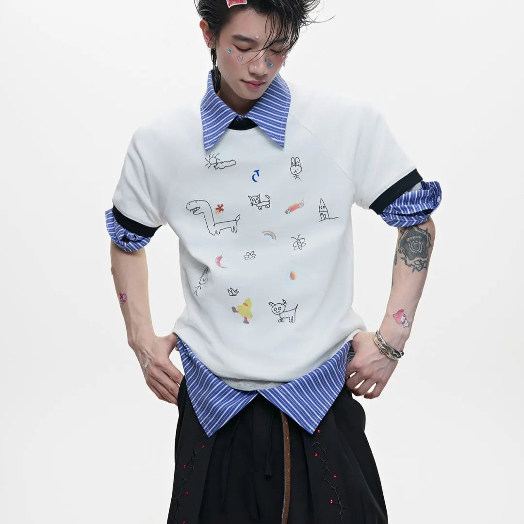 Men's cartoon printed short sleeved shirt in blue colour showing loose fit and print design details