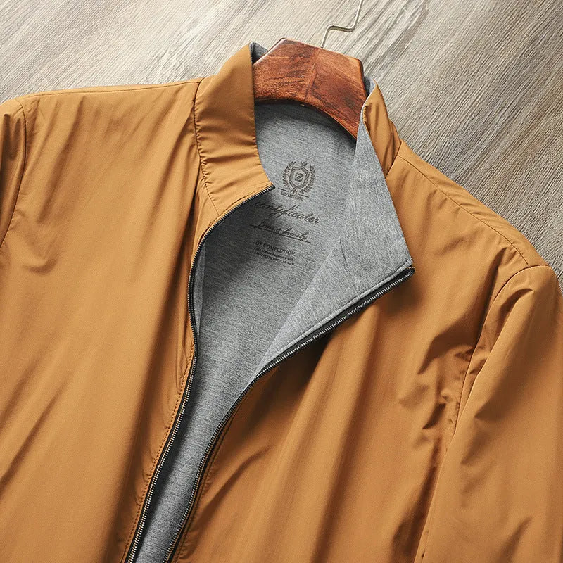 Men's simple stand collar jacket in army green colour, showing regular fit and sleeve design.
