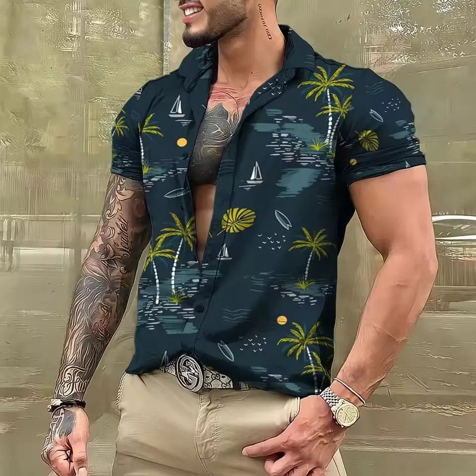 Man wearing a loose-fit floral print short sleeve beach shirt in a casual setting.