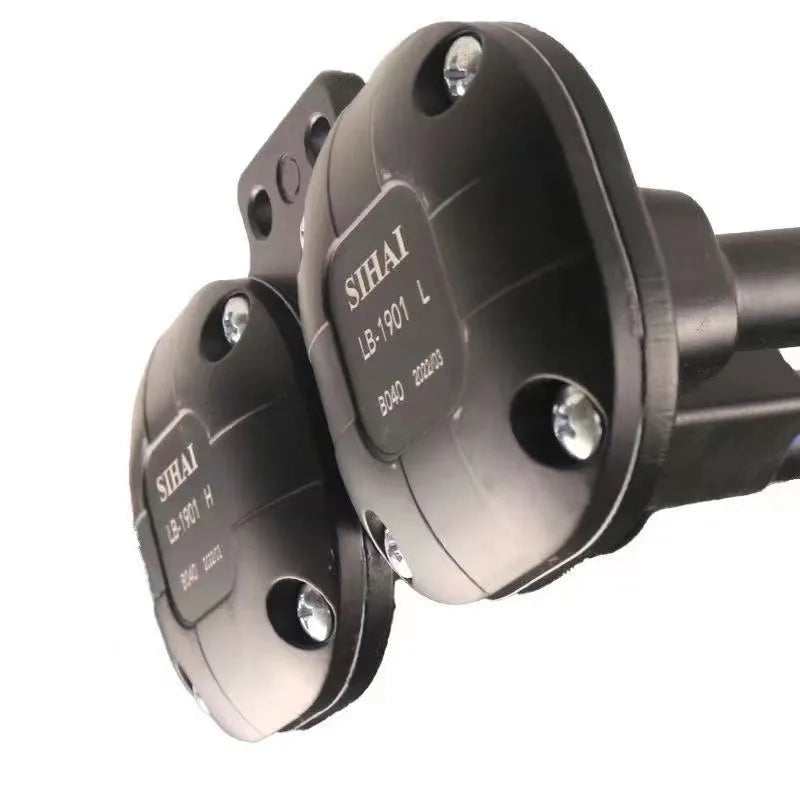 Black dual-trumpet air horn and compressor kit for 12V and 24V vehicles