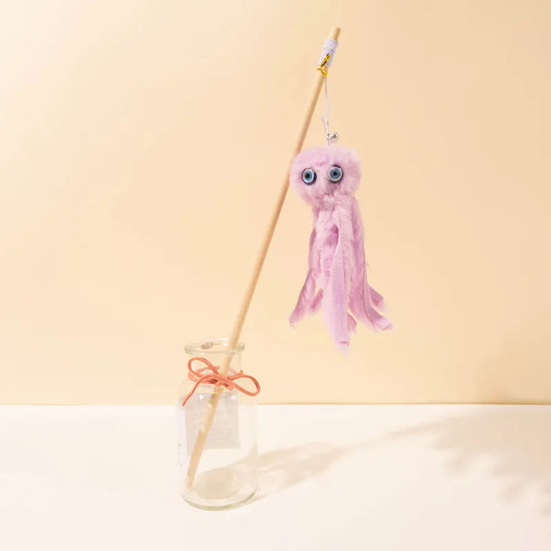 Octopus cat toy with long stick and movable eyes in bright colours for indoor kittens