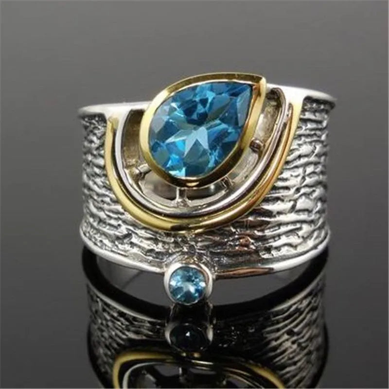 Blue rhinestone Chinese style women's ring with drop shape design and inlaid zircon elements