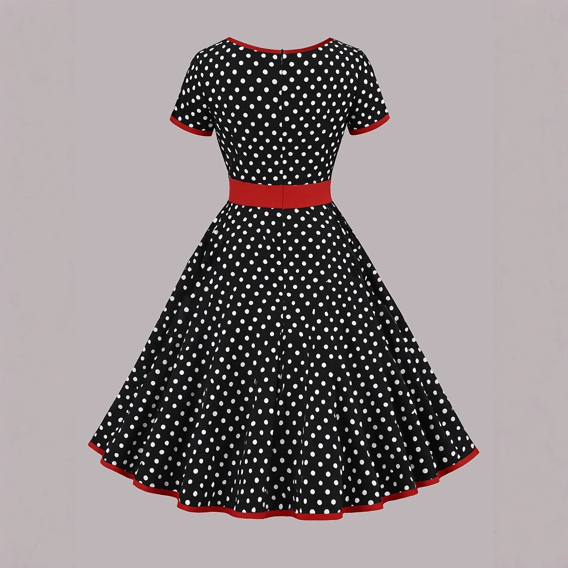 Women's multicolour polka dot pleated dress with a square collar, short sleeves, and a front zip fastener.