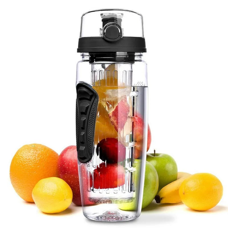 Clear 32oz Tritan plastic fruit infuser water bottle with blue lid and separate fruit infusion cup