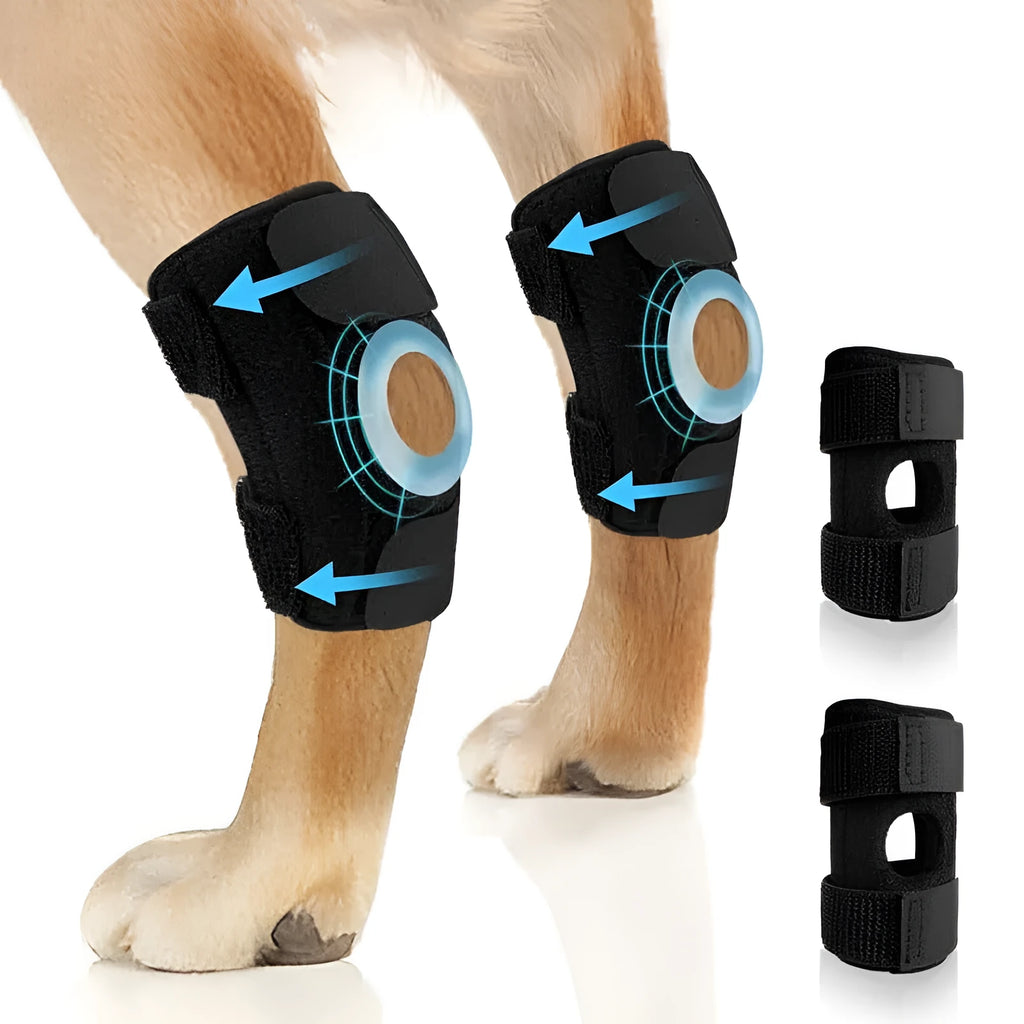 Black polyester dog leg guard for ACL and joint support, sizes L M XL.