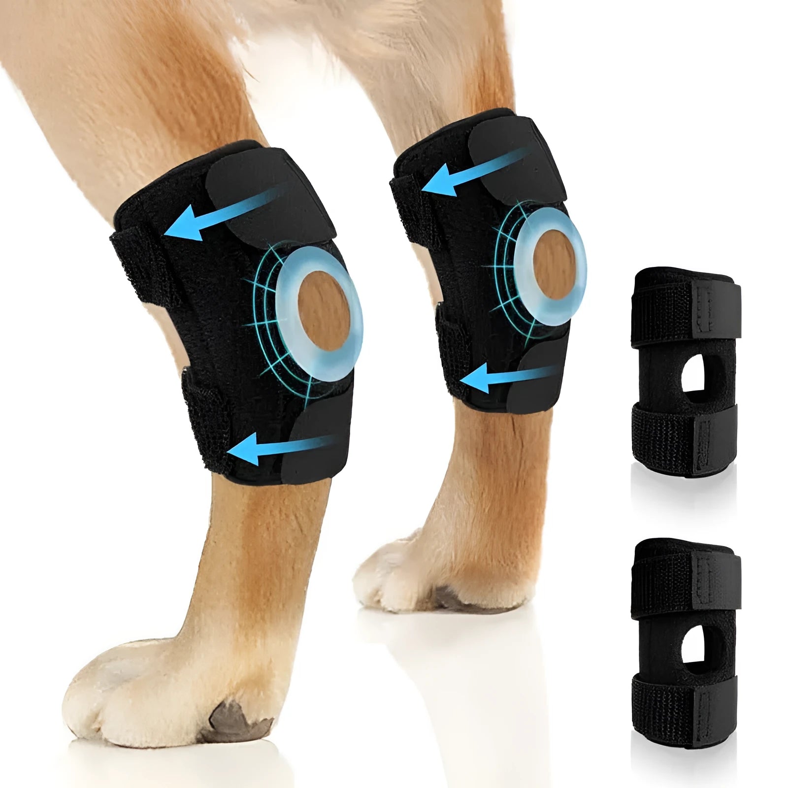 Black polyester dog leg guard for ACL and joint support, sizes L M XL.