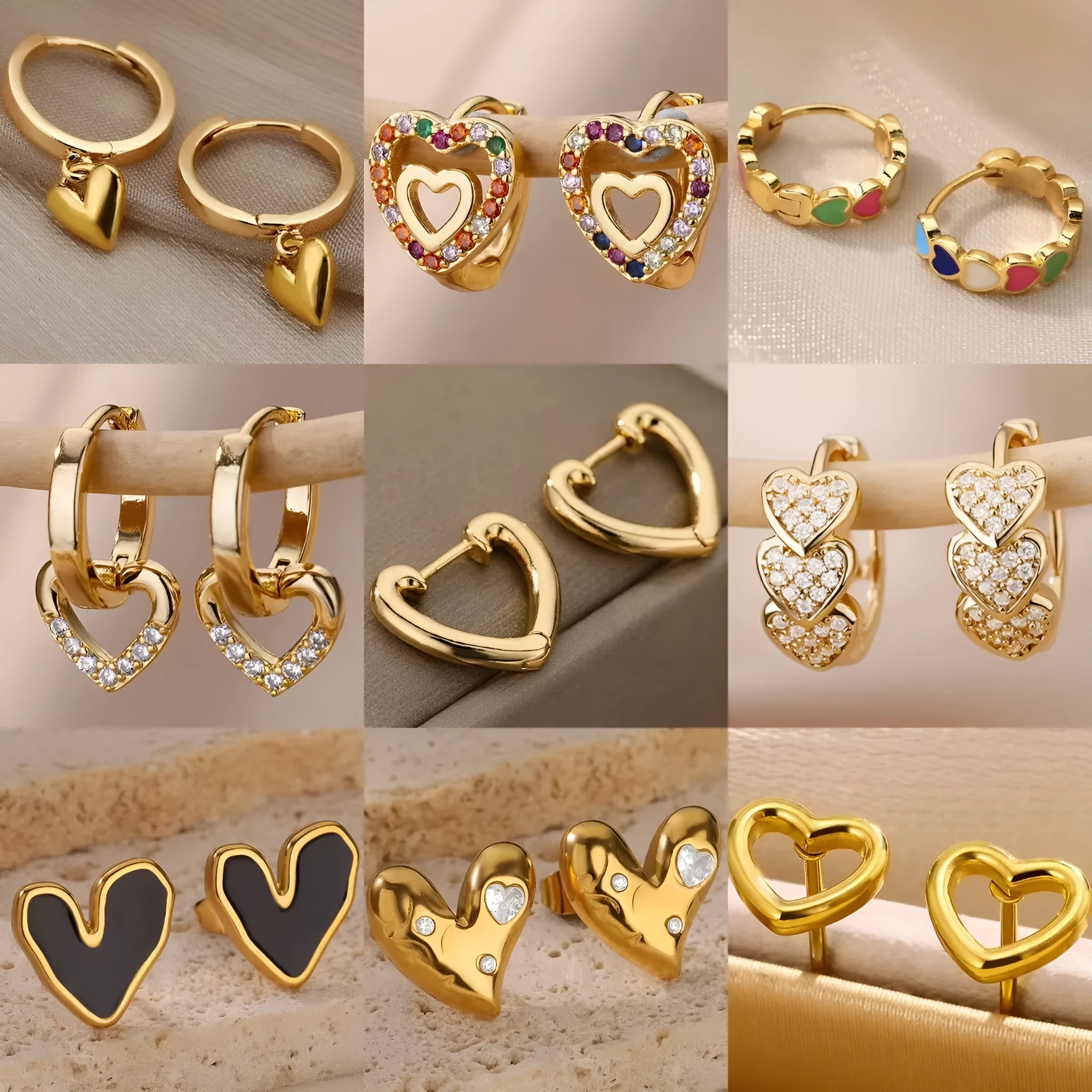 Gold-plated heart-shaped stud earrings with zircon centre and ear clip backing