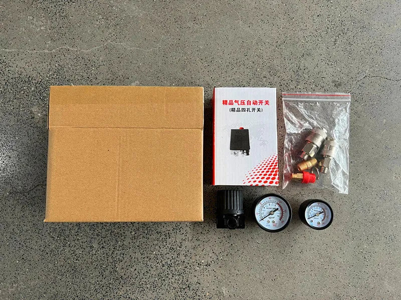 Air compressor pressure switch with gauge, 12MM connector, and adjustment dial for 0.5-0.8 MPA range.