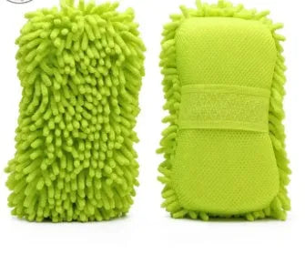 Silvery green chenille microfibre car wash sponge showing textured surface, with dimensions 14cm by 25cm.