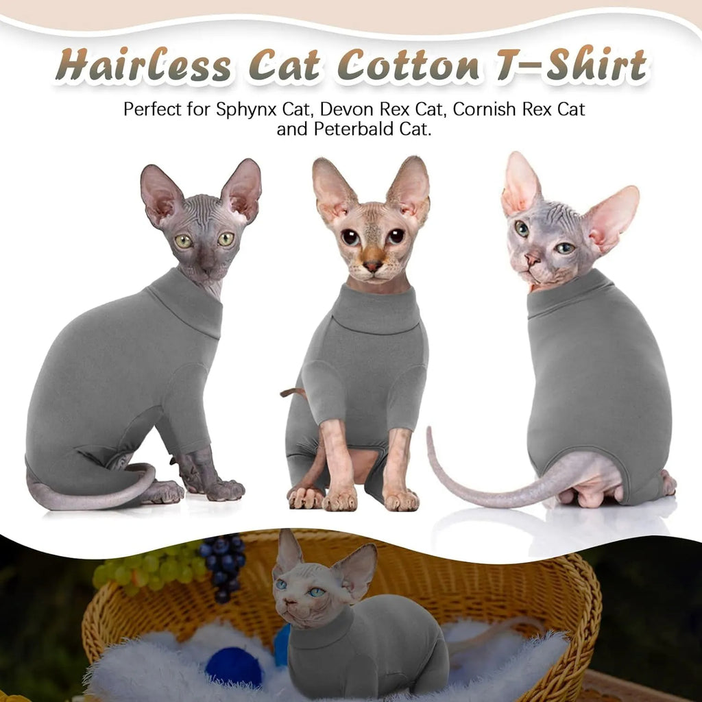 Grey turtleneck sweater for a hairless Sphynx cat with leg openings and a pullover design.